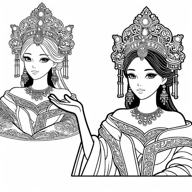 Regal Princesses in Ornate Crowns Coloring Page