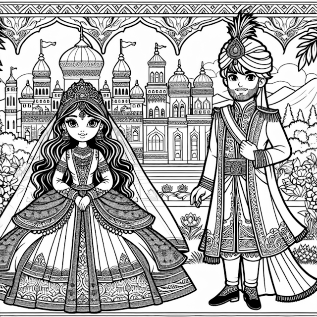 A coloring page of Royal Palace Adventure with Prince and Princess
