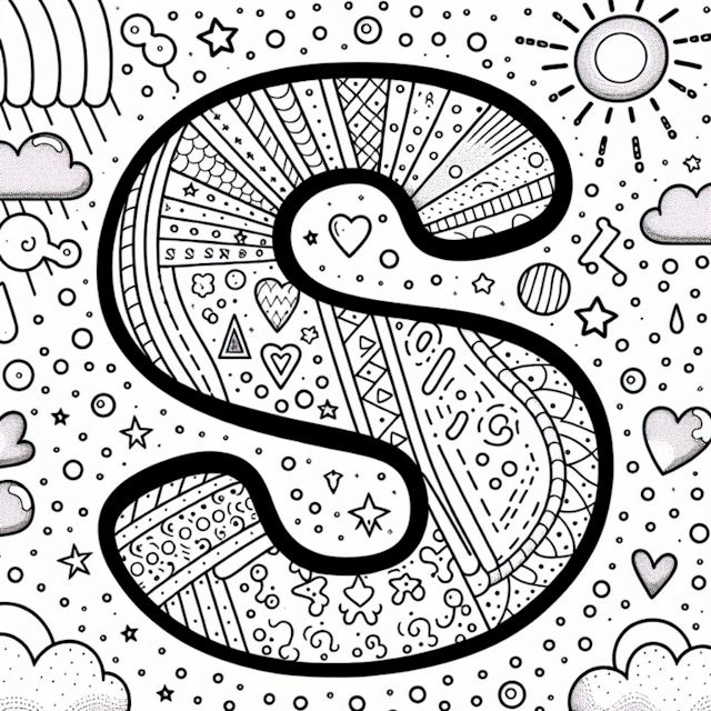 A coloring page of S is for Sunshine: A Doodle Coloring Page