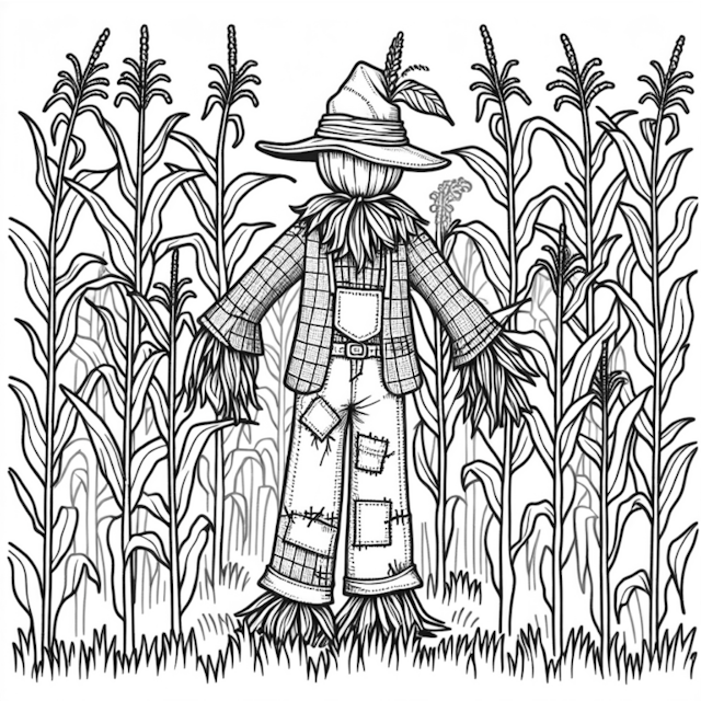 A coloring page of Scarecrow in the Cornfield: A Coloring Adventure