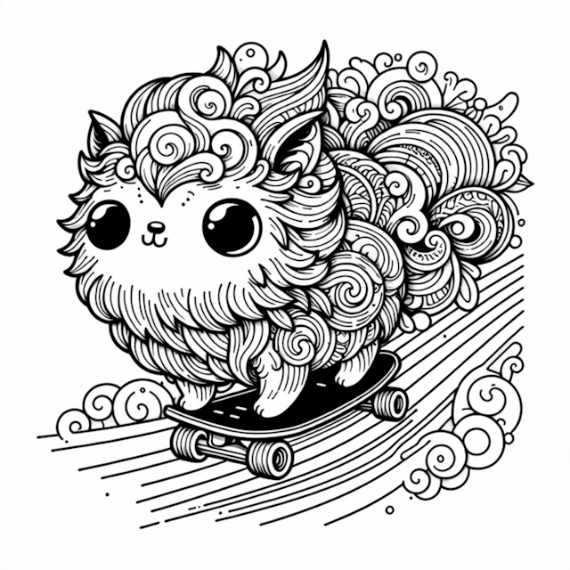 A coloring page of Skateboarding Fluffy Cat Adventure