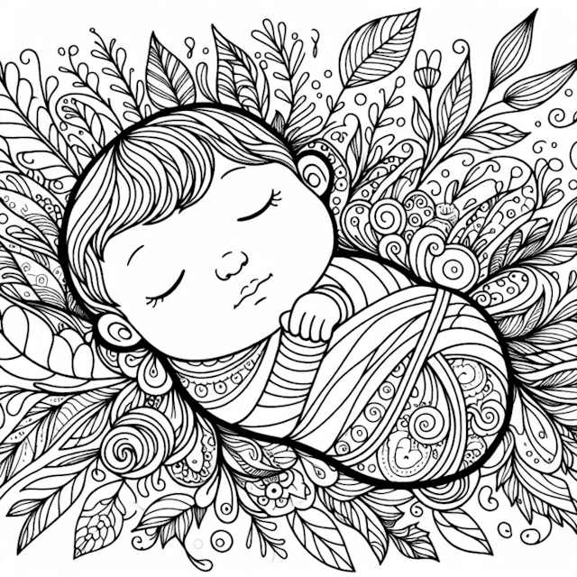 A coloring page of Slumbering Baby Amidst Nature
