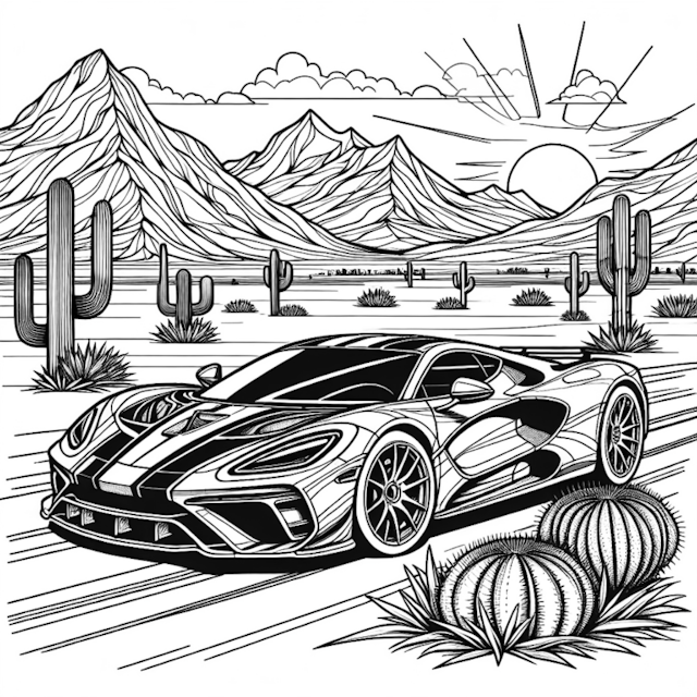 A coloring page of Speeding through the Desert Mountains