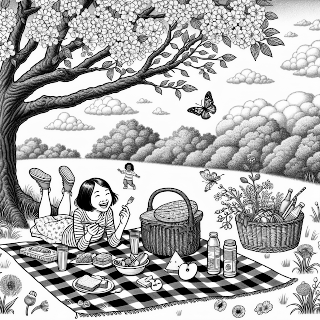A coloring page of Spring Picnic with Friends Under the Blossoming Tree
