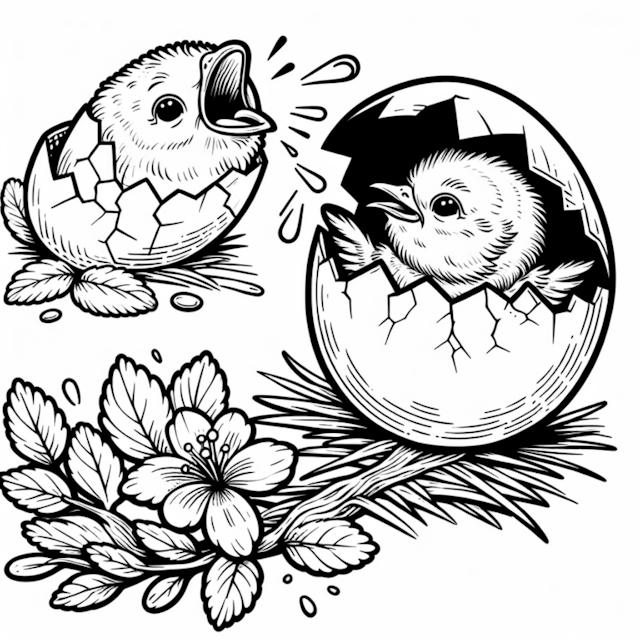 A coloring page of Springtime Hatchlings and Blossoms