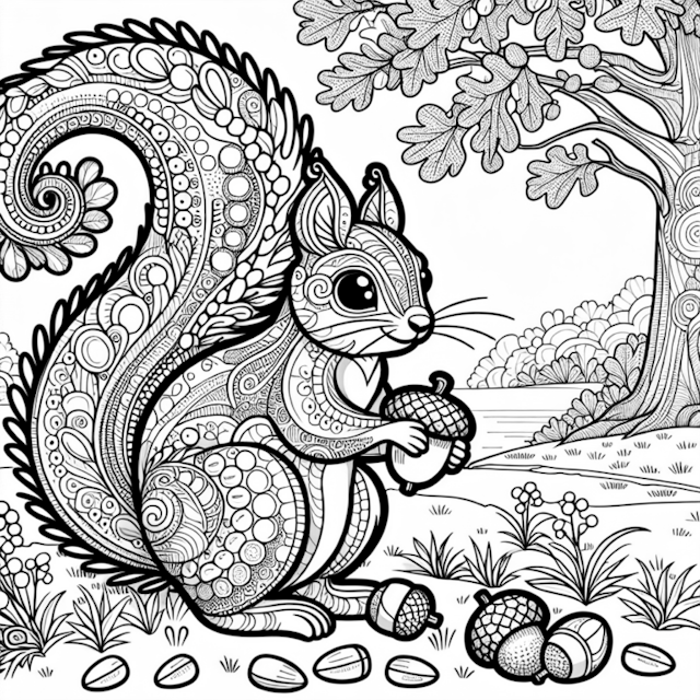 A coloring page of Squirrel’s Acorn Adventure Coloring Page