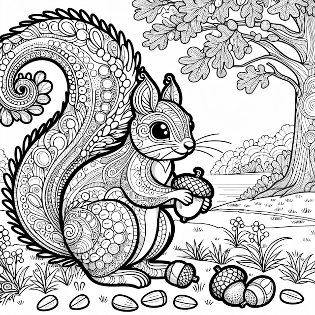Squirrel’s Acorn Adventure Coloring Page