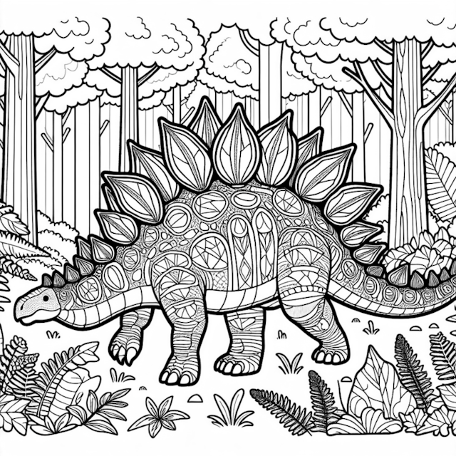 A coloring page of Stegosaurus in the Enchanted Forest