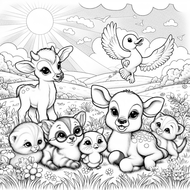 A coloring page of Sunny Day with Bambi and Friends