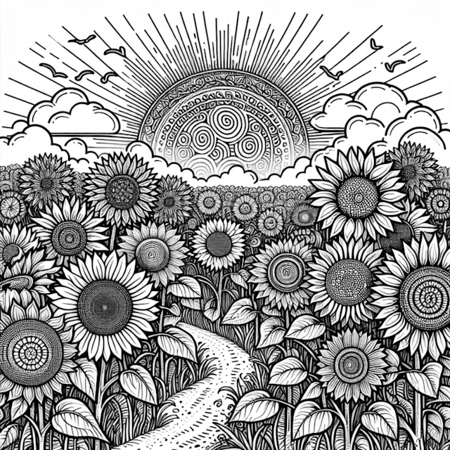 A coloring page of Sunrise Over a Field of Sunflowers