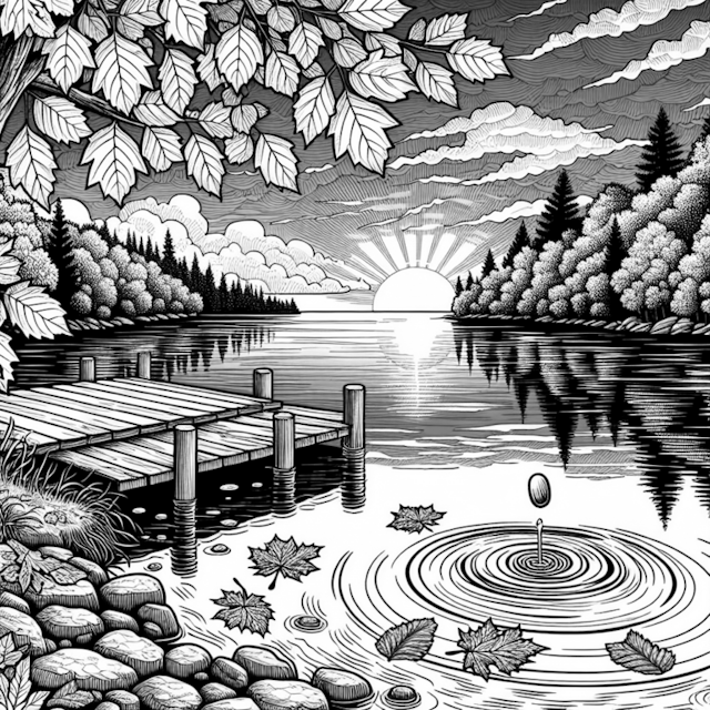 A coloring page of Sunset Serenity by the Lake