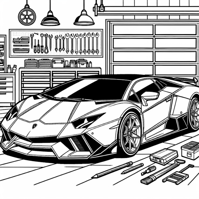 A coloring page of Supercar Ready in the Ultimate Garage