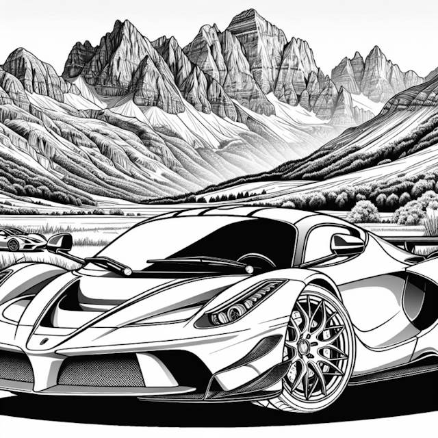 A coloring page of Supercars in the Mountain Valley