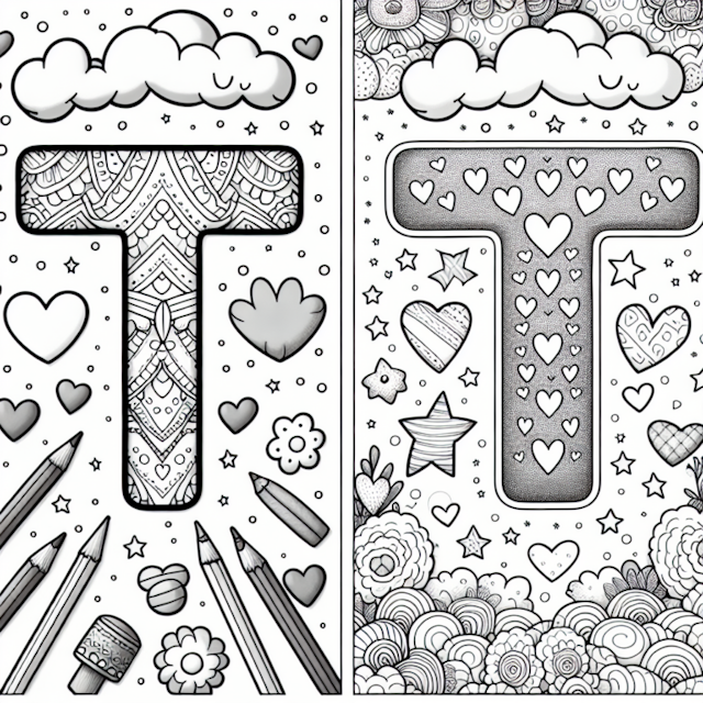 A coloring page of T is for Tranquility: Heart and Cloud Coloring Page