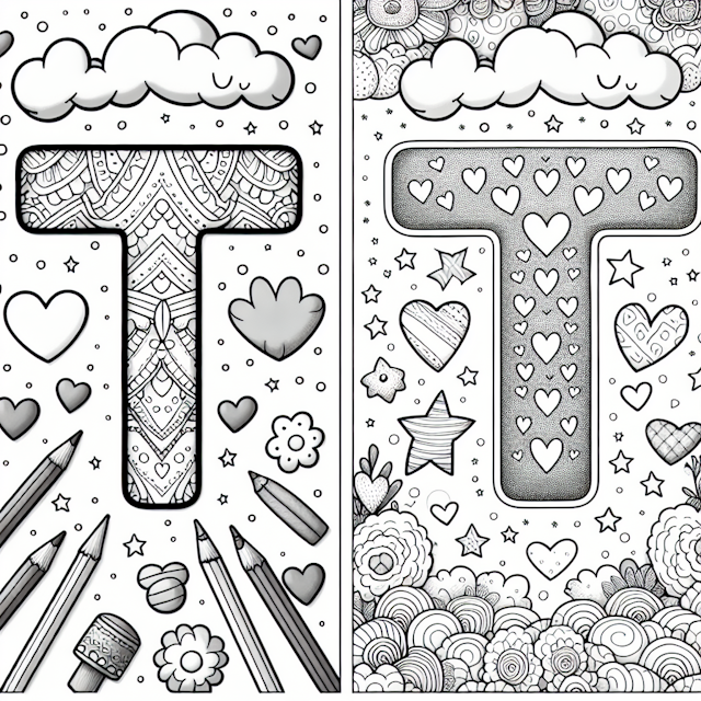 T is for Tranquility: Heart and Cloud Coloring Page