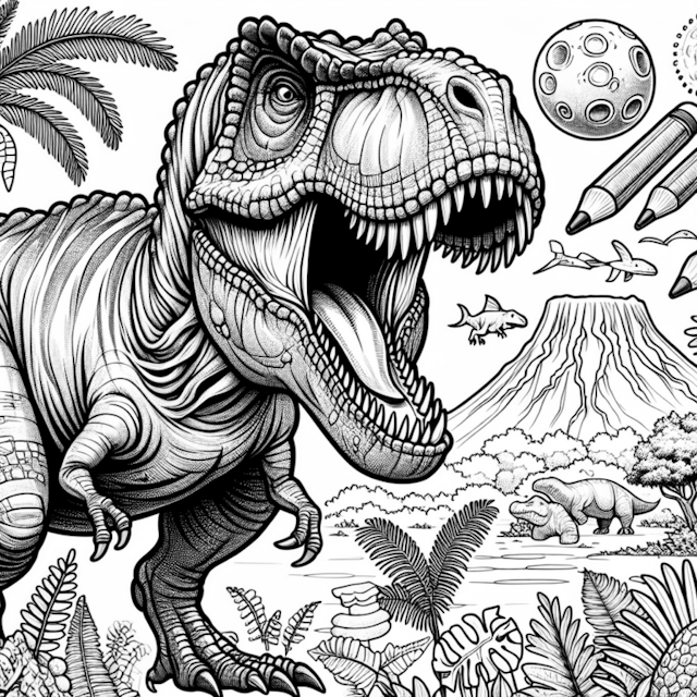 A coloring page of T-Rex Adventure in a Prehistoric World