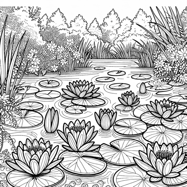 A coloring page of Tranquil Lotus Pond Coloring Page