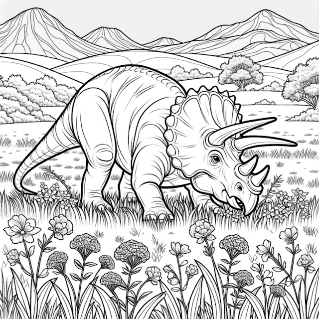 A coloring page of Triceratops Grazing in a Prehistoric Field