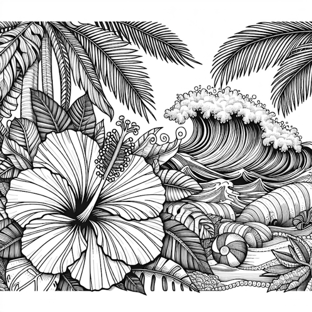 A coloring page of Tropical Beach Paradise Coloring Page