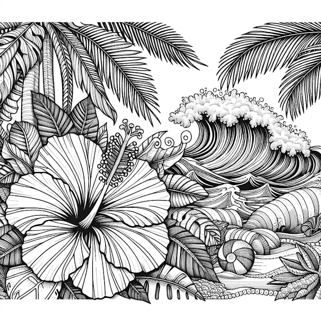 Tropical Beach Paradise Coloring Page