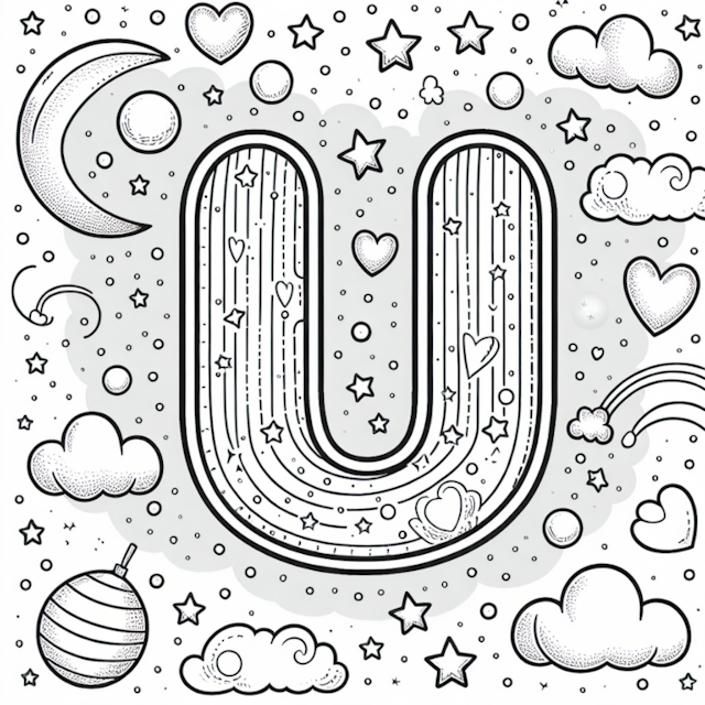 A coloring page of U is for Universe: Stars, Hearts, and Clouds Coloring Fun