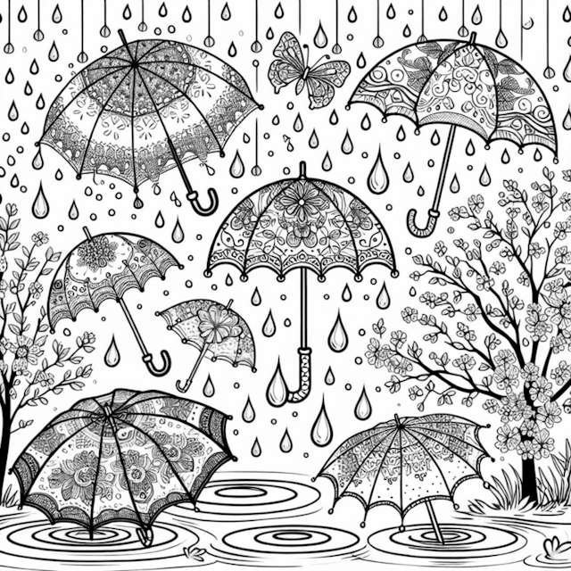 A coloring page of Umbrella Blossoms in the Spring Rain