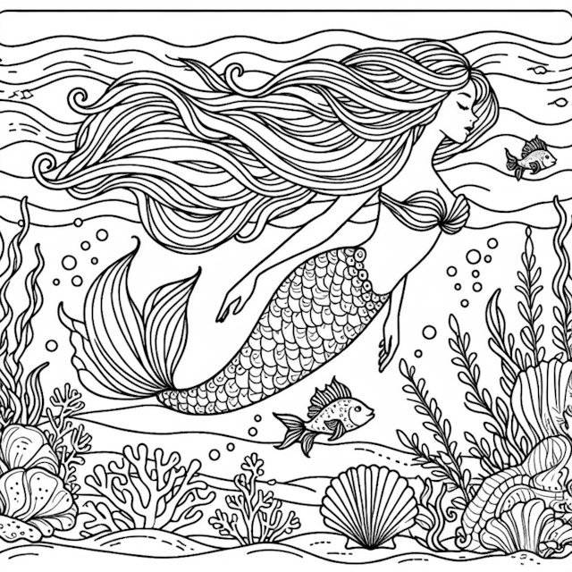 A coloring page of Underwater Adventure with a Mermaid