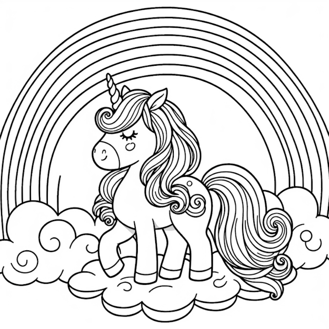 A coloring page of Unicorn on a Cloud with a Rainbow