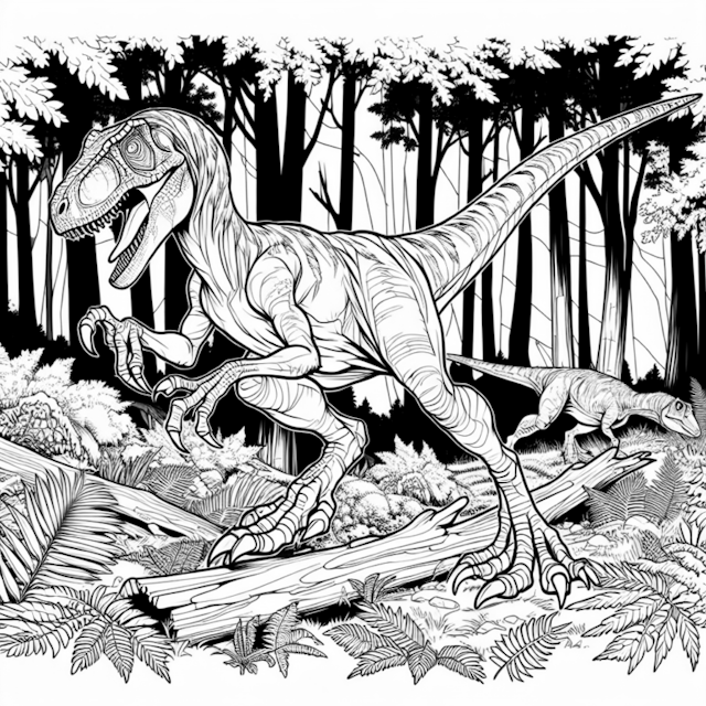 A coloring page of Velociraptor Adventure in the Prehistoric Forest