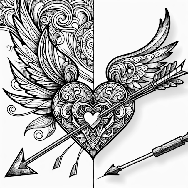 A coloring page of Winged Heart with Arrow Coloring Page