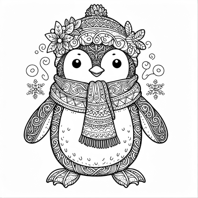 A coloring page of Winter Wonderland with Percy the Penguin