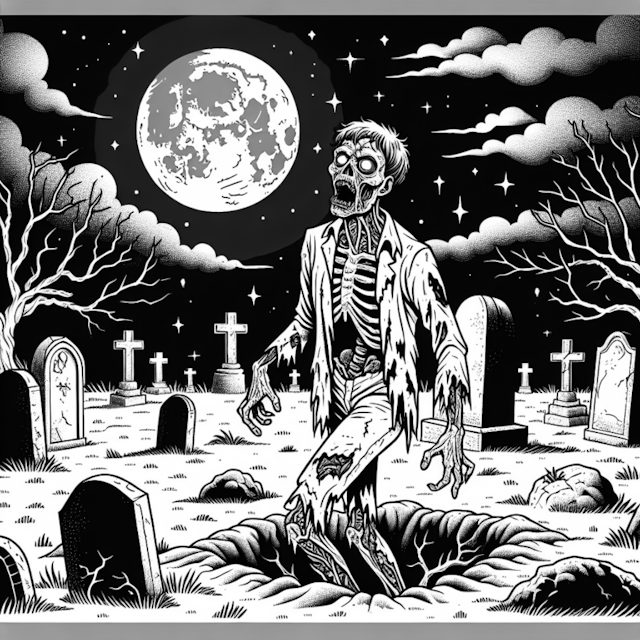 A coloring page of Zombie Rises Under a Full Moon in the Graveyard