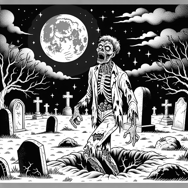 Zombie Rises Under a Full Moon in the Graveyard
