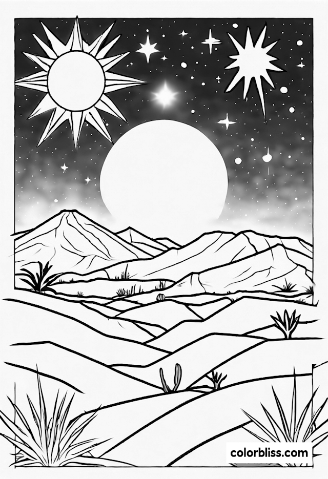 Desert Sun and Starry Night Coloring Page