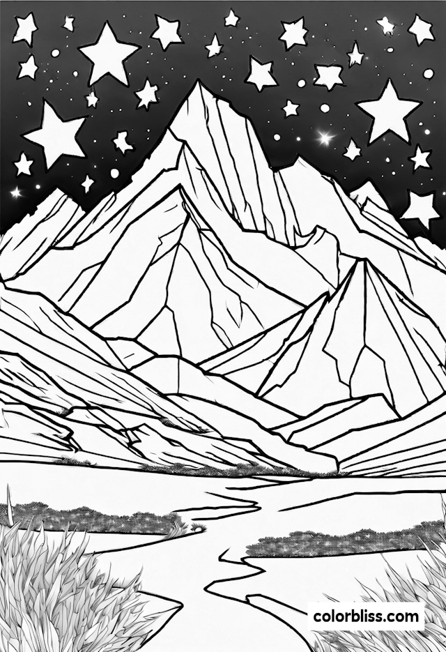 Starlit Mountain Landscape Coloring Page