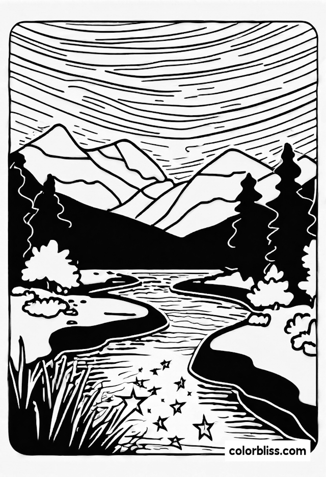 Mountain Stream and Starry Reflection Coloring Page