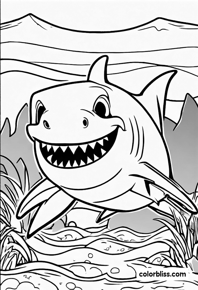 Smiling Shark in the Ocean Coloring Page