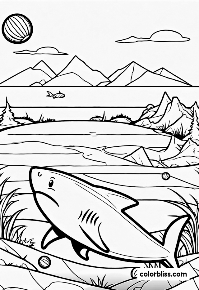 Shark’s Lake Adventure Coloring Page