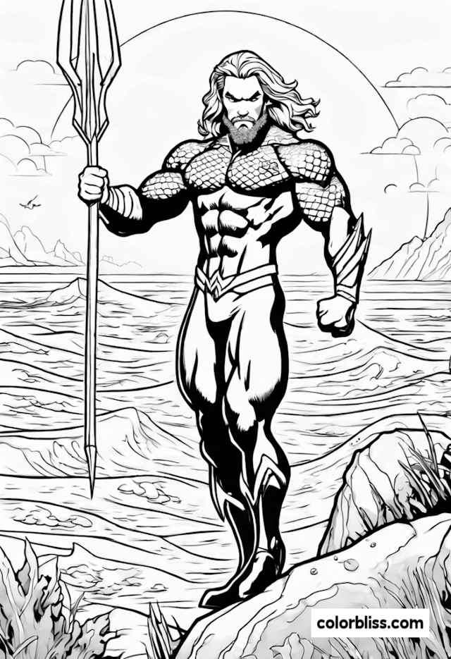 A coloring page of Aquaman Stands Strong by the Ocean