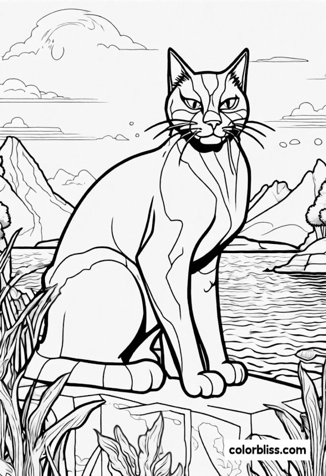 A coloring page of Regal Cat by the Serene Lake