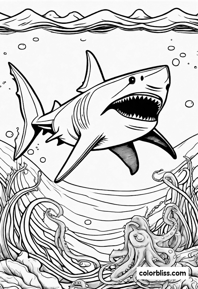 Shark and Octopus Underwater Adventure Coloring Page