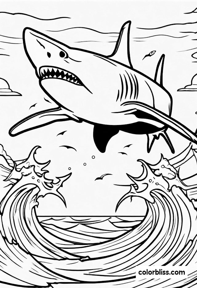 Shark Soaring Above Ocean Waves Coloring Page