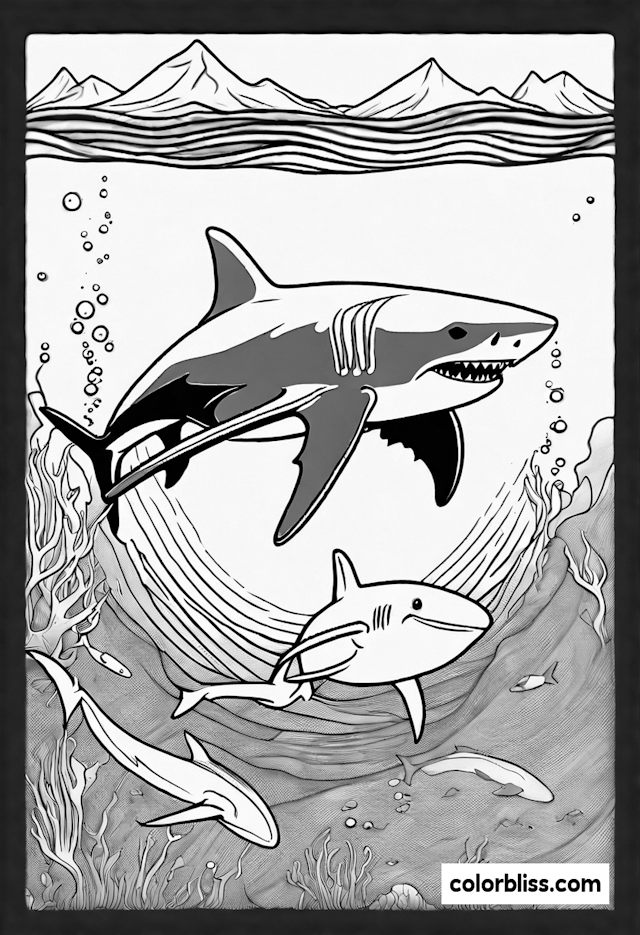 Sharks Underwater Adventure Coloring Page