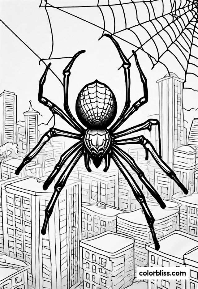 Giant Spider Over the City Coloring Page