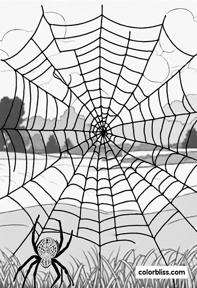 Spider’s Web in Nature Coloring Page