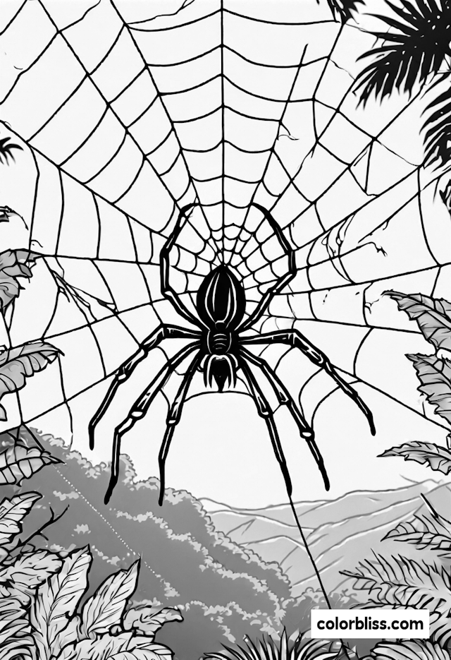 Spider in the Jungle Web Coloring Page