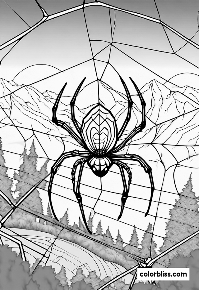 Spider in the Forest Web: A Mountainous Coloring Adventure