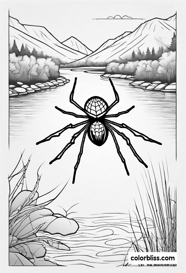 Spider by the River in the Mountains Coloring Page