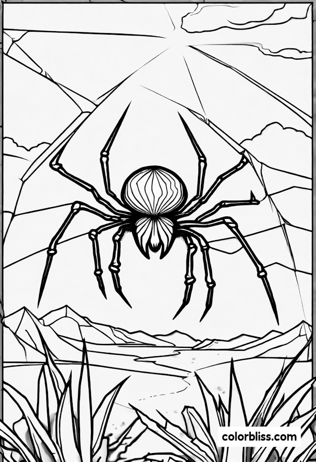 Spider in the Mountain Landscape Coloring Page