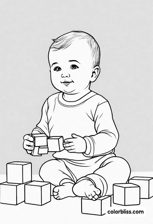 Baby Playing with Building Blocks Coloring Page